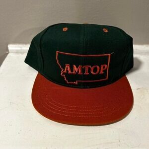 Vintage 90s Montana dark green and orange trucker leather strap back hat cap